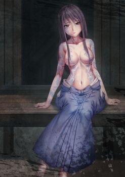 1girl architecture black_hair blue_hakama breasts breasts_apart brown_eyes clothing_cutout collarbone east_asian_architecture fatal_frame fatal_frame_iii:_the_tormented female_focus frown hair_censor hair_over_breasts hakama hakama_short_skirt hakama_skirt highres hip_vent japanese_clothes long_hair medium_breasts navel proudsoul sidelocks sitting skirt solo tattoo topless_female veranda wooden_wall yukishiro_reika
