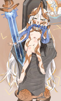 1girl :d absurdres armor barefoot black_eyes blush commentary crossed_legs crown english_commentary flat_chest floating floating_object floating_sword floating_weapon hair_between_eyes highres humanization loli long_hair looking_at_viewer minion_(slay_the_spire) navel nemo_(leafnight) open_mouth shoulder_armor sitting slay_the_spire slay_the_spire_2 smile solo sword the_regent_(slay_the_spire) throne weapon white_hair