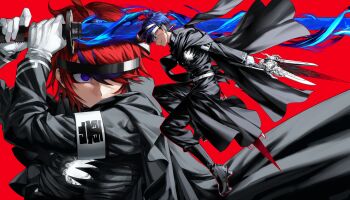 Rule 34 | 2boys, absurdres, armband, belt, black boots, black coat, black hair, black pants, blue eyes, blue hair, boots, bridge piercing, buttons, chin piercing, coat, commentary request, eyeliner, eyepatch, face piercing, geta, gloves, grin, hair over one eye, high collar, highres, holding, holding sword, holding weapon, hole in chest, hole on body, knee boots, last defense academy school uniform, long sleeves, makeup, male focus, multicolored hair, multiple boys, omokage yugamu, pants, piercing, print eyepatch, red background, red eyeliner, red hair, richost, school uniform, short hair, simple background, smile, sumino takumi, sword, the hundred line -last defense academy-, thigh strap, two-tone hair, weapon, white armband, white belt, white gloves