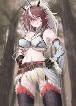 1girl absurdres arknights bare_shoulders belt black_belt black_gloves black_thighhighs blue_eyes blush breasts brown_hair choker cleavage clenched_teeth commentary cowboy_shot detached_sleeves forest fur-trimmed_sleeves fur_trim gloves head_tilt highres horns jewelry kirin_r_yato_(arknights) large_breasts long_hair long_sleeves looking_at_viewer mildt monster_hunter_(series) nature navel outdoors pendant pointy_ears single_sleeve solo standing stomach teeth thighhighs white_choker yato_(arknights)