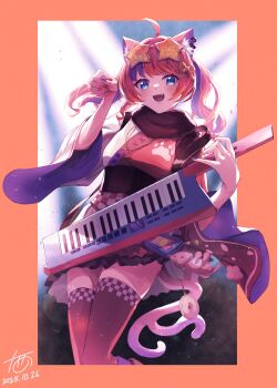 1girl :d absurdres ahoge animal_ear_fluff animal_ear_piercing animal_ears apron asymmetrical_sleeves black_leg_warmers blue_eyes blue_hair blue_nails blush border braid cat_ears cat_girl cat_tail cellphone cellphone_charm chain charm_(object) checkered_clothes dated eyewear_on_head fang feet_out_of_frame frilled_skirt frills from_below fur_collar gradient_hair gradient_tail hair_ornament highres holding holding_instrument instrument japanese_clothes juunishi_aya keytar kimono kimono_skirt layered_skirt leg_warmers long_hair long_sleeves looking_at_viewer mismatched_sleeves multicolored_hair multicolored_kimono multicolored_nails multiple_tails nail_polish nekomata nekoyashiki_miku nijisanji obi open_mouth orange-tinted_eyewear orange_border orange_hair outside_border paw_pose paw_print phone red_hair red_kimono red_nails red_thighhighs rope sash shimenawa signature skirt smile solo standing star-shaped_eyewear star_(symbol) streaked_hair stuffed_animal stuffed_cat stuffed_toy sunglasses tail thighhighs tinted_eyewear twintails twintails_with_braided_base two_tails virtual_youtuber waist_apron white_apron white_kimono wide_sleeves