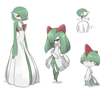 1girl age_progression blunt_bangs chibi chibi_inset closed_mouth colored_skin evolution evolutionary_line female_focus flat_chest full_body gardevoir gen_3_pokemon green_hair green_skin hair_between_eyes hair_over_eyes hair_over_one_eye half-closed_eyes happy highres kirlia leg_up lifting_own_clothes long_hair looking_at_viewer mega_gardevoir mega_pokemon motion_lines multicolored_skin multiple_views nintendo no_feet open_mouth pokemon pokemon_(creature) ralts red_eyes short_hair simple_background smile standing standing_on_one_leg tirarizun two-tone_skin white_background white_skin