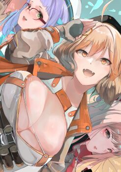 Rule 34 | 1113nao1225, 3girls, :d, ahoge, anis (nikke), beret, black headwear, black jacket, blonde hair, breasts, cleavage, crop top, dutch angle, fingerless gloves, glasses, gloves, goddess of victory: nikke, green eyes, grey gloves, grey shirt, hat, highres, jacket, large breasts, light brown hair, light purple hair, long hair, looking at viewer, multicolored jacket, multiple girls, necktie, neon (nikke), open mouth, orange eyes, orange jacket, rapi (nikke), red necktie, salute, shirt, short hair, smile, two-tone jacket, white headwear