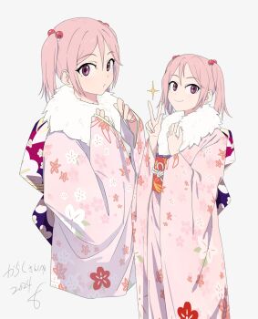 Rule 34 | alternate costume, blush, commission, floral print, fur collar, grey background, hair bobbles, hair ornament, highres, japanese clothes, kantai collection, kimono, long sleeves, multiple views, obi, parted lips, pink eyes, pink hair, pink kimono, sash, sazanami (kancolle), short twintails, simple background, skeb commission, smile, sohin, sparkle, twintails, w, wide sleeves