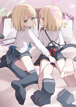 2girls :t absurdres adjusting_another&#039;s_clothes adjusting_clothes adjusting_skirt barefoot black_shorts black_skirt black_thighhighs blonde_hair blue_archive blue_bow blue_necktie blush bow buttoned_cuffs buttons cat_tail closed_mouth commentary_request covering_another&#039;s_ass covering_ass covering_privates dot_nose feet fingernails frilled_skirt frills full_body green_eyes green_halo halo handheld_game_console highres holding holding_handheld_game_console indoors layered_sleeves legs_up light_blush light_smile loli long_sleeves looking_at_viewer looking_back lying midori_(blue_archive) momoi_(blue_archive) multiple_girls necktie nintendo_switch no_jacket no_shoes notice_lines on_bed on_side on_stomach pillow pink_eyes pink_halo pleated_skirt pout red_bow shirt shirt_tucked_in short_hair shorts siblings sisters skirt sleeve_cuffs small_sweatdrop smile socks soles split_mouth strap_slip suspender_skirt suspenders sweatdrop tail tail_bow tail_ornament thighhighs thighs toes toki_kimagure twins unworn_socks unworn_thighhighs white_shirt zettai_ryouiki