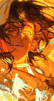 1boy arzu_(sultan&#039;s_game) baicumikuo bird blending brown_eyes brown_hair chinese_commentary cloak colored_tears commentary_request curtained_hair dark-skinned_male dark_skin earrings facial_mark forehead_mark highres hood hood_up hooded_cloak jewelry multiple_views parted_bangs parted_lips portrait short_hair silhouette solo sultan&#039;s_game sun_symbol swallow_(bird) tears teeth the_sultan_(sultan&#039;s_game) upper_teeth_only yellow_background yellow_cloak yellow_eyes