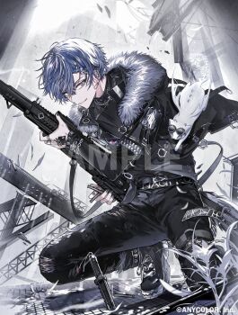 1boy black_jacket black_nails black_pants black_shirt black_shoes blue_eyes blue_hair commentary_request company_name copyright_notice fingernails full_body gun holding holding_gun holding_weapon jacket jewelry koyanagi_rou koyanagi_rou_(2nd_costume) male_focus multiple_rings nail_polish necklace nijisanji official_alternate_costume official_alternate_hairstyle official_art pants ring sample_watermark shirt shoes solo suou_(sdurorhr) virtual_youtuber watermark weapon