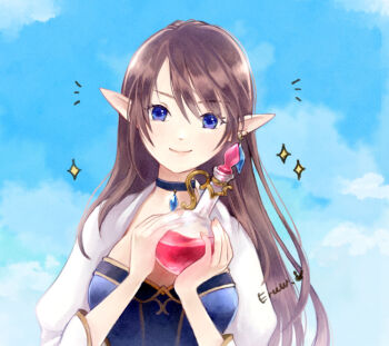 1girl blue_eyes blue_sky breasts brown_hair closed_mouth cloud commentary_request day flask gobaku_no_hito holding holding_flask long_hair looking_at_viewer medium_breasts original outdoors pointy_ears potion sky smile solo sparkle upper_body
