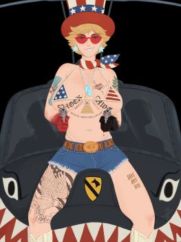 1girl absurdres american_flag american_flag_bikini american_flag_print arm_tattoo bandana bandana_around_neck bikini blonde_hair blue_eyes blue_shorts breast_tattoo breasts cross cross_necklace denim denim_shorts dog_tags dual_wielding eagle_tattoo earrings flag_print flag_print_bikini fourth_of_july gun handgun hat highres holding holding_gun holding_weapon jewelry large_breasts leg_tattoo looking_at_viewer necklace original print_bandana print_bikini print_hat red-tinted_eyewear revolver sanstitre2000 short_hair short_shorts shorts solo star_(symbol) star_earrings swimsuit tattoo tinted_eyewear top_hat weapon