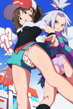 2girls ? aqua_eyes ass bangs_pinned_back baseball_cap boots breasts brown_hair cameltoe crotch_seam day dress eevee elaine_(pokemon) euf-dreamer eyelashes female_focus forehead from_below frown gen_1_pokemon gym_leader hair_bobbles hair_ornament hair_through_headwear hat highres knee_boots kneepits legs looking_at_viewer looking_back looking_down multiple_girls nintendo off-shoulder_dress off_shoulder outdoors panties pokemon pokemon_bw2 pokemon_center pokemon_lgpe ponytail print_panties punk roxie_(pokemon) shirt short_shorts shorts side_slit side_slit_shorts sidelocks sky small_breasts spoken_question_mark standing starry_sky_print striped_clothes striped_dress surprised swept_bangs t-shirt thighs topknot underwear upshorts upskirt v-neck wardrobe_malfunction white_hair wind wind_lift wristband