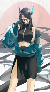 1girl absurdres adjusting_eyewear alternate_costume arknights black_hair black_skirt black_tank_top dragon_girl dragon_horns dusk_(arknights) green_hands green_horns green_jacket hair_over_one_eye highres holding holding_sword holding_weapon horns jacket looking_at_viewer mandarin_collar pointy_ears red_eyes skirt solo sword tank_top weapon yagi000