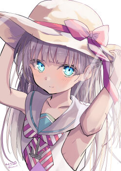1girl absurdres anchor_necklace blunt_bangs dress green_eyes grey_hair hat highres hizaka jewelry kantai_collection looking_at_viewer low-cut_armhole maestrale_(kancolle) neckerchief necklace one-hour_drawing_challenge sailor_dress simple_background sleeveless sleeveless_dress solo striped_neckerchief sun_hat tan upper_body white_background white_dress white_hat