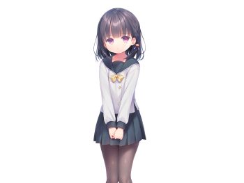 1girl black_hair black_pantyhose black_sailor_collar black_skirt blunt_bangs bow bowtie buttons closed_mouth collarbone feet_out_of_frame game_cg kazari_(mainichi_kiss_shite_lolita) large_variant_set long_sleeves looking_at_viewer mainichi_kiss_shite_lolita miniskirt non-web_source pantyhose pink_eyes piyodera_mucha pleated_skirt sailor_collar school_uniform serafuku shirt short_hair simple_background skirt solo standing tachi-e transparent_background variant_set white_shirt yellow_bow yellow_bowtie