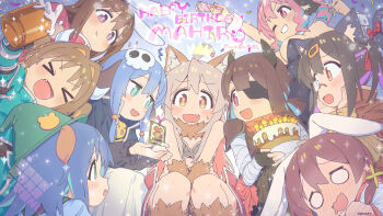 Rule 34 | > <, 6+girls, :d, :t, absurdres, ahoge, alternate costume, animal ear fluff, animal ears, aqua eyes, aqua hair, black hair, black hairband, blue hair, brown eyes, brown hair, cake, character name, colored inner hair, commentary, confetti, dated, eyepatch, fang, food, fujimi nemu, fushimi nodoka, green hat, grin, hair intakes, hair ornament, hairband, hairclip, happy birthday, hat, hat ornament, highres, horns, hozuki kaede, hozuki momiji, kemonomimi mode, matado (almukha), monocle, multicolored hair, multiple girls, murosaki miyo, oka asahi, one eye closed, onii-chan wa oshimai!, open mouth, orange hair, oyama mahiro, oyama mihari, party popper, pink hair, pout, purple hair, rabbit ears, red eyes, red hair, skull hair ornament, smile, tenkawa nayuta, two-tone hair, witch hat, xd