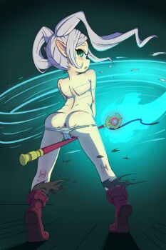 1girl aged_down anus aqua_background ass back black_pantyhose blush boots clothes_pull elf eyelashes female_focus frieren from_behind full_body green_eyes grey_hair holding holding_staff loli long_hair long_pointy_ears looking_at_viewer looking_back open_mouth panties panty_pull pantyhose poethewondercat pointy_ears red_boots simple_background solo sousou_no_frieren staff standing thick_eyebrows tiptoes topless_female torn_clothes torn_pantyhose twintails uncensored underwear white_panties wind