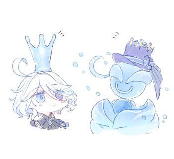 Rule 34 | 1girl, ahoge, ascot, black ascot, blue eyes, blue hair, blue hat, blush, brooch, bubble, closed mouth, cropped shoulders, crown, drop-shaped pupils, eyelashes, furina (genshin impact), genshin impact, hair between eyes, hair intakes, hat, headwear switch, heterochromia, highres, himeko (nico6v6pachi), jewelry, looking up, mismatched pupils, multicolored hair, notice lines, short hair, sidelocks, simple background, singer of many waters (genshin impact), smile, solo, streaked hair, swept bangs, symbol-shaped pupils, top hat, upper body, white background, white hair