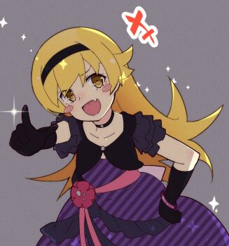 1girl black_choker black_gloves black_hairband black_jacket blonde_hair blush_stickers bow bracelet choker collarbone cowboy_shot cropped_jacket diagonal-striped_clothes diagonal-striped_dress dress dress_ribbon fang film_grain flat_chest fooring frilled_dress frilled_sleeves frills gloves grey_background hair_between_eyes hair_flaps hairband hand_on_own_hip highres jacket jewelry long_hair monogatari_(series) open_mouth oshino_shinobu pink_ribbon pointing pointing_at_viewer ribbon ringed_eyes short_sleeves solo sparkle strapless strapless_dress striped_clothes v-shaped_eyebrows very_long_hair waist_bow yellow_eyes