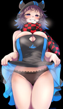 1girl absurdres ankodaihuku arknights bare_shoulders black_background black_dress black_hat black_panties black_scarf blue_dress blue_eyes blue_hair breasts brown_hair checkered_clothes checkered_scarf cleavage cleft_of_venus clothes_lift commentary_request cowboy_shot deepcolor_(arknights) deepcolor_(elite_ii)_(arknights) dress dress_lift gradient_hair grin hat highres large_breasts lifting_own_clothes looking_at_viewer multicolored_hair panties presenting pussy red_scarf scarf seductive_smile short_hair simple_background smile solo split_mouth steaming_body strapless strapless_dress thighs twitter_username two-tone_dress two-tone_hair underwear upskirt variant_set