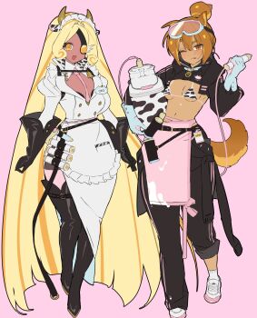 Rule 34 | 2girls, :d, ;(, ;p, @ @, absurdly long hair, alternate costume, animal ears, animal print, apron, arms at sides, baggy pants, bell, belt, between breasts, bikini, bikini top only, black belt, black boots, black bra, black gloves, black pants, black shirt, blonde hair, blue-framed eyewear, blue collar, blue gloves, blunt ends, blush, boots, bottle, bow, bow apron, bra, bra peek, breasts, brown eyes, brown hair, brown tail, buttons, closed mouth, collar, collared jacket, collared shirt, colored shoe soles, commentary, cookie run, cookie run: ovenbreak, cow ears, cow horns, cow print, cow print bikini, croissant cookie, crop top, cropped shirt, curly sidelocks, curvy, dark-skinned female, dark skin, dog ears, dog girl, dog tail, double-parted bangs, double vertical stripe, dual persona, elbow gloves, english commentary, fake animal ears, fake horns, food-themed hair, frilled apron, frills, frown, full body, gloves, goggles, goggles on head, hair between eyes, hair bun, hair intakes, headdress, highres, holding, holding bottle, horns, humanization, jacket, jingle bell, juliet sleeves, kemonomimi mode, lace, lace-trimmed bra, lace trim, large breasts, long hair, long sleeves, looking at viewer, maid headdress, micro bikini, multicolored gloves, multicolored hair, multiple girls, navel, necktie, necktie between breasts, ohta guk hip, one eye closed, one eye covered, open mouth, orange eyes, orange hair, pants, pants rolled up, parted bangs, pink apron, pink background, pink bow, pink gloves, pink necktie, print bikini, puffy long sleeves, puffy sleeves, raised eyebrow, shirt, shoes, short hair, side-by-side, simple background, single hair bun, small breasts, small horns, smile, standing, standing on one leg, star (symbol), stomach, streaked hair, sweat, swimsuit, tail, tareme, thick thighs, thigh boots, thighs, timekeeper cookie, tongue, tongue out, tsurime, two-tone gloves, two-tone hair, underwear, very long hair, waist apron, white apron, white headdress, white jacket, white shoes, wide hips, yellow horns