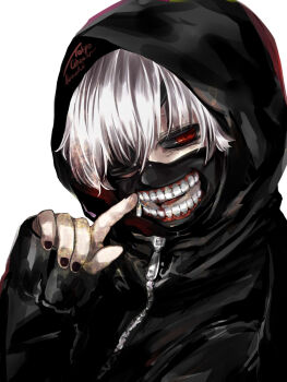 Rule 34 | 1boy, black jacket, black nails, black sclera, closed mouth, colored sclera, commentary request, copyright name, expressionless, eyepatch, hand up, highres, hood, hood up, hooded jacket, jacket, kaneki ken, long sleeves, looking at viewer, male focus, mask print, one eye covered, portrait, red eyes, shishi (eai make), short hair, simple background, solo, teeth print, tokyo ghoul, white background, white hair, zipper, zipper pull tab
