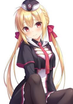 1girl absurdres arihara_nanami arms_at_sides black_capelet black_dress black_hat black_pantyhose blonde_hair blush bow braid breasts capelet closed_mouth convenient_leg dress eyelashes eyes_visible_through_hair feet_out_of_frame frilled_dress frills furrowed_brow garrison_cap gyaoo_yuzu_soft hair_between_eyes hair_bow hat head_tilt highres hood hood_down knees_up long_hair looking_at_viewer medium_breasts military_uniform necktie pantyhose red_bow red_eyes red_necktie riddle_joker short_dress side_braid sidelighting sidelocks simple_background sitting smile solo straight_hair third-party_source very_long_hair white_background
