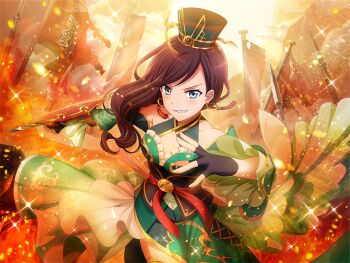 Rule 34 | 1girl, black gloves, blue eyes, brown hair, cosplay, dress, earrings, fingerless gloves, flag, game cg, gloves, green dress, green hat, grey hat, hand on own hip, hat, jewelry, liu bei, liu bei (cosplay), long hair, long sleeves, looking at viewer, official art, polearm, romance of the three kingdoms, shield, shoujo kageki revue starlight, shoujo kageki revue starlight -re live-, smirk, solo, spear, torn flag, upper body, v-shaped eyebrows, weapon, yanagi koharu