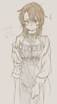 Rule 34 | 1boy, absurdres, alternate costume, bags under eyes, bare shoulders, beard stubble, blush, bow, brown hair, camisole, choker, closed mouth, clothes down, clothes grab, clothes pull, collarbone, cowboy shot, crossdressing, crossdressing (mtf), dress, dress tug, embarrassed, facial hair, facing viewer, gregor (project moon), greyscale, hair between eyes, hair down, hair intakes, highres, holding own dress, lily26983455, limbus company, limited palette, lingerie, long hair, long sleeves, looking to the side, monochrome, navel, neck ribbon, negligee, negligee pull, nervous, nightgown, nose blush, off-shoulder shirt, off shoulder, open clothes, open shirt, parted bangs, project moon, ribbon, ribbon choker, see-through camisole, see-through clothes, see-through nightgown, shirt, shoulder blush, shy, simple background, sketch, sleepwear, sleeve tied shut, solo, standing, straight-on, stubble, sweat, sweatdrop, underwear, upper body, wuthering heights (identity) (project moon)