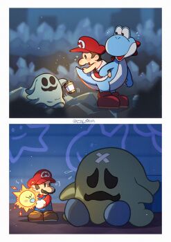 ^^^ angry baby_mario bandages big_lantern_ghost blue_yoshi cave comic electricity from_side ghost hanaon hat highres indoors lantern lantern_ghost looking_at_another looking_back mario mario_(series) mustach nintendo overalls paper_mario paper_mario_64 super_mario_world_2:_yoshi&#039;s_island sweatdrop watt_(paper_mario) yoshi