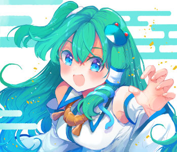 1girl :d azuma_aya bare_shoulders breasts collared_shirt commentary_request detached_sleeves double-parted_bangs egasumi frog_hair_ornament green_background green_eyes green_hair grey_hair hair_ornament hair_tubes highres kochiya_sanae long_hair long_sleeves looking_at_viewer medium_breasts one_side_up open_mouth shirt single_hair_tube sleeveless sleeveless_shirt smile snake_hair_ornament solo touhou upper_body white_background white_shirt wide_sleeves