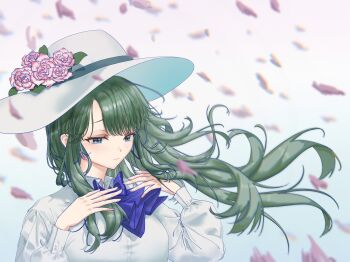 Rule 34 | 1girl, ascot, blue ascot, blue background, blue bow, blue bowtie, blue eyes, blunt bangs, blurry, blurry background, bow, bowtie, breasts, buttoned cuffs, buttons, chromatic aberration, closed mouth, falling petals, floating hair, flower, furrowed brow, gradient background, green hair, hands up, hat, hat flower, highres, large breasts, long hair, long sidelocks, long sleeves, looking ahead, original, petals, pink flower, pink petals, pink rose, portrait, puffy long sleeves, puffy sleeves, raised inner eyebrows, rose, shirt, sidelocks, sleeve cuffs, solo, sun hat, surgeon cuffs, swept bangs, tangyuan qishi, taut clothes, taut shirt, white hat, white shirt, wind, wing collar