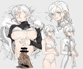 Rule 34 | 1boy, 1girl, absurdres, bar censor, black shirt, bra, bra lift, braid, breasts, censored, chaldea logo, closed eyes, closed mouth, clothes lift, coat, commentary request, cum, cum on body, cum on breasts, cum on upper body, dark-skinned male, dark skin, fate/grand order, fate (series), genderswap, genderswap (mtf), grey background, grey eyes, grey trim, hair between eyes, hair over shoulder, hand on own stomach, hetero, highres, long hair, long sleeves, looking ahead, looking at viewer, lying, male masturbation, male pubic hair, marisbury animusphere, masturbation, medium breasts, multiple views, nipples, notice lines, on back, out of frame, own hands together, panties, parted bangs, parted lips, penis, pubic hair, rerheart, shirt, shirt lift, simple background, single braid, sleep molestation, sleeves past wrists, smile, steepled fingers, turtleneck, turtleneck shirt, unconscious, underwear, white bra, white coat, white hair, white panties