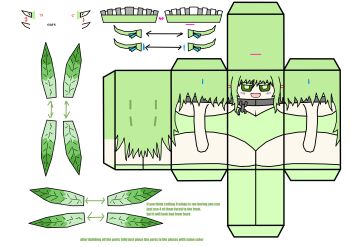 1girl absurdres arms_at_sides arrow_(symbol) black_souls black_souls_2 blush collar commentary cropped_legs english_commentary english_text green_hair headband highres how_to leaf leaf_(black_souls) leaf_wings long_bangs long_hair markings metal_collar open_mouth origami paper_cutout papercraft pointy_ears simple_background solo white_background white_headband ygtsglck
