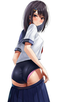 1girl absurdres ass black_hair blue_sailor_collar blue_skirt blush buruma clothes_pull highres long_hair looking_at_viewer looking_back neckerchief original panties panties_under_buruma pink_panties pleated_skirt red_eyes red_neckerchief sailor_collar school_uniform serafuku shirt simple_background skirt skirt_pull solo underwear white_background white_shirt yukemuriganmo