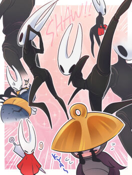 &gt;_&lt; ... 1boy 1girl anger_vein arthropod_boy arthropod_girl artist_name bano_akira black_eyes black_skin blank_eyes blush border cloak colored_skin completely_nude covering_own_eyes embarrassed emphasis_lines fighting_stance flat_chest from_behind full_body furry furry_female furry_male grey_skin hat holding_cloak hollow_knight hollow_knight:_silksong hornet_(hollow_knight) joints kicking legs multiple_views needle_(hollow_knight) no_feet no_pussy nude outline outside_border pink_background purple_cloak red_cloak sherma_(hollow_knight) signature sparkle speech_bubble spoken_ellipsis spread_legs stretching wardenfly_(hollow_knight) weapon weapon_on_back white_border white_outline yellow_hat