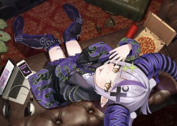 1girl black_horns black_jacket black_nails cellphone commentary computer couch crescent crescent_hair_ornament cross_hair_ornament demon_horns ear_piercing flame_print food grey_hair hair_ornament highres hololive horns huge_horns jacket la+_darknesss la+_darknesss_(casual) laptop looking_at_viewer multicolored_hair necktie official_alternate_costume on_couch phone piercing pizza pointy_ears purple_hair purple_horns purple_necktie purple_skirt shirt short_hair sitting skirt sleeves_past_fingers sleeves_past_wrists smartphone solo sparkle_hair_ornament streaked_hair striped_horns taro._(tataroro_1) tongue tongue_out virtual_youtuber white_shirt yellow_eyes
