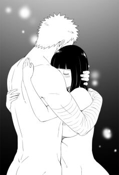 1boy 1girl ass bandaged_arm bandages blunt_bangs bob_cut boruto:_naruto_next_generations breasts commentary_request completely_nude greyscale hal_(sakurajam) hug husband_and_wife hyuuga_hinata large_breasts monochrome naruto_(series) navel nipples nude uzumaki_naruto