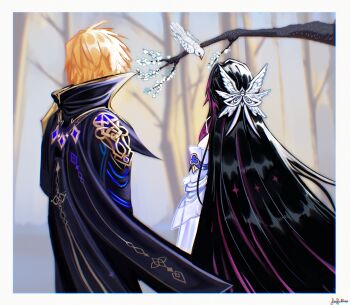 1boy 1girl absurdres bird black_cape black_hair blonde_hair border branch cape collared_cape columbina_(genshin_impact) commentary dainsleif_(genshin_impact) dove fanfullao from_behind genshin_impact gold_trim hair_ornament highres long_hair multicolored_hair outdoors pink_hair short_hair signature tree two-tone_hair very_long_hair white_border wing_hair_ornament