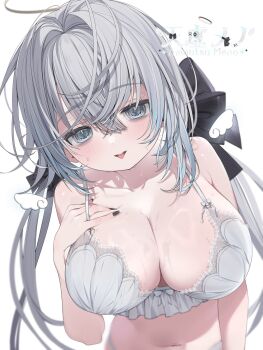 1girl amautsumeno black_nails black_ribbon blue_eyes blush bra breasts character_name cleavage commentary_request detached_wings grey_bra grey_hair grey_panties hair_between_eyes hair_ribbon hand_on_own_chest highres indie_virtual_youtuber large_breasts long_hair looking_at_viewer nail_polish navel panties ribbon second-party_source simple_background solo sweat tongue twintails underwear underwear_only very_long_hair virtual_youtuber white_background wings yoru_uyo