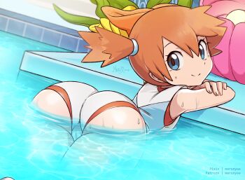 1girl 2018 ass bad_id bad_pixiv_id bare_arms bare_shoulders bent_over blue_eyes closed_mouth dutch_angle female_focus gym_leader hair_between_eyes highres looking_at_viewer merunyaa misty_(pokemon) nintendo one-piece_swimsuit partially_submerged pokemon pokemon_lgpe ponytail pool short_ponytail smile solo swimsuit water watermark wet white_one-piece_swimsuit