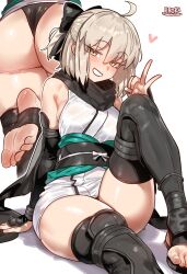 1girl absurdres ahoge arm_guards ass bad_link black_bow black_panties blonde_hair bow breasts detached_sleeves ebora fate/grand_order fate_(series) feet grin hair_bow half_updo haori highres japanese_clothes kimono koha-ace large_breasts looking_at_viewer multiple_views obi okita_souji_(fate) okita_souji_(koha-ace) okita_souji_(third_ascension)_(fate) panties sandals sash short_hair short_kimono sitting sleeveless sleeveless_kimono smile stirrup_legwear thighs toeless_legwear underwear wedgie white_background white_kimono yellow_eyes