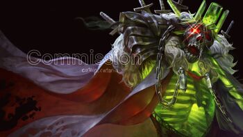 1other 1x1x1x1_(roblox) arm_guards cape catnip_cataria chain chain_necklace colored_veins commission crown forsaken_(roblox) fur_collar glint glowing glowing_eyes glowing_skin head_tilt highres holding holding_sword holding_weapon impaled jewelry necklace open_mouth red_cape see-through_body sharp_teeth skull solo sparkle sword tassel teeth too_many_weapons torn_cape torn_clothes upper_body weapon