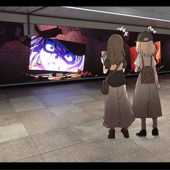 Rule 34 | 2girls, bang dream!, bang dream! it's mygo!!!!!, baseball cap, black hat, black shirt, blonde hair, brown bag, brown hair, grey pants, grey skirt, hat, long hair, medium hair, misumi uika, multiple girls, pants, photo background, setou (bpdne), shinjuku station, shirt, skirt, standing, sumimi (bang dream!), sumita mana, white shirt