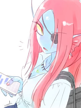 1girl absurdres alternate_hair_length alternate_hairstyle bag bilingual_commentary black_bag black_bra blue_skin blue_skirt bra bra_peek breasts cleavage colored_sclera colored_skin commentary english_commentary eyepatch fang fins head_fins highres holding holding_phone jewelry lace lace-trimmed_bra lace_trim long_hair medium_breasts mixed-language_commentary necklace noah_(tettsui-sole) notice_lines open_mouth phone pink_hair pink_nails school_bag school_uniform shirt sidelocks signature simple_background skirt slit_pupils solo undertale underwear undyne utdr_(toby_fox) white_background white_shirt yellow_sclera