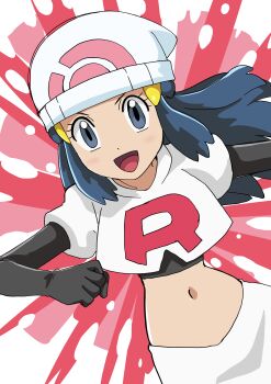 1girl absurdres beanie black_gloves blue_eyes blue_hair cosplay crop_top dawn_(pokemon) elbow_gloves gloves hainchu hat highres jessie_(pokemon) jessie_(pokemon)_(cosplay) long_hair midriff narrow_waist navel nintendo open_mouth pokemon pokemon_(anime) pokemon_dppt_(anime) skirt smile solo team_rocket team_rocket_uniform white_crop_top white_hat white_skirt