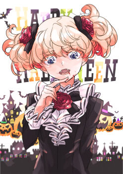 Rule 34 | 1girl, black dress, blonde hair, blood, blood on mouth, blush, collar, commentary request, dress, fangs, flower, frilled collar, frilled sleeves, frills, hair flower, hair ornament, halloween, highres, jack-o'-lantern, long sleeves, looking at viewer, open mouth, purple eyes, red flower, red rose, rose, short hair, smile, solo, tanya degurechaff, tongue, toujou chika, twintails, upper body, vampire, youjo senki