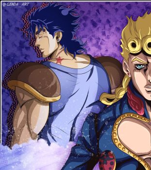 Rule 34 | 2boys, anime coloring, araki hirohiko (style), armor, back, birthmark, blonde hair, blue eyes, blue hair, blue jacket, blue shirt, braid, braided ponytail, cleavage cutout, closed eyes, clothing cutout, commentary, earrings, english commentary, father and son, genda art, giorno giovanna, hair bun, high collar, highres, jacket, jewelry, joestar birthmark, jojo no kimyou na bouken, jonathan joestar, ladybug ornament, male focus, multiple boys, muscular, muscular male, official style, parted lips, pauldrons, phantom blood, scar, scar on neck, shirt, shoulder armor, shoulder pads, single hair bun, stud earrings, teeth, vento aureo, wing ornament