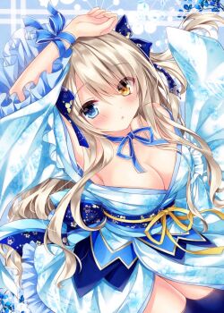 Rule 34 | 1girl, :o, arm up, armpits, blonde hair, blue eyes, blue kimono, blue thighhighs, blush, bow, breasts, cleavage, collarbone, female focus, frills, hair bow, heterochromia, japanese clothes, kimono, large breasts, long hair, looking at viewer, luca (nogi takayoshi), neck ribbon, nogi takayoshi, obi, off shoulder, orange eyes, original, parted lips, ribbon, sash, solo, thighhighs, very long hair, wrist ribbon