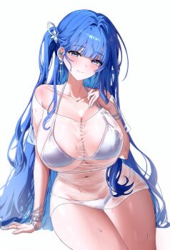 1girl absurdres alternate_costume arcana_(nikke) blue_eyes blue_hair breasts cleavage commentary_request goddess_of_victory:_nikke highres korean_commentary large_breasts long_hair navel simple_background sitting smile solo uejji very_long_hair white_background