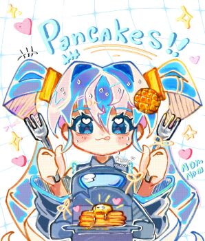 1boy 1girl blue_eyes blue_hair blush cirsqn clash_royale closed_mouth commentary crossover dual_wielding food fork hair_between_eyes hatsune_miku heart heart_in_eye highres holding holding_fork holding_plate long_hair looking_at_viewer mini_pekka_(clash_royale) pancake pancake_stack plate smile symbol_in_eye tongue tongue_out twintails vocaloid white_background