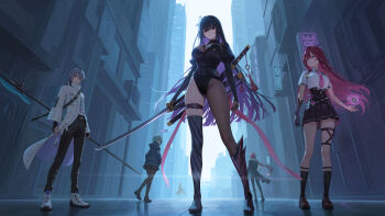 black_coat black_gloves black_hair black_shoes black_socks blue_hair blue_jacket building chaos_zero_nightmare city_lights coat from_below gloves grey_hair gun highres hime_cut holding holding_gun holding_polearm holding_sword holding_weapon jacket katana kayron_(chaos_zero_nightmare) long_hair looking_at_another looking_at_viewer looking_back lucas_(chaos_zero_nightmare) mika_(chaos_zero_nightmare) multiple_boys multiple_girls necktie owen_(chaos_zero_nightmare) pink_hair polearm rei_(chaos_zero_nightmare) rin_(chaos_zero_nightmare) school_uniform shoes skirt socks sword tataki_worker weapon white_coat